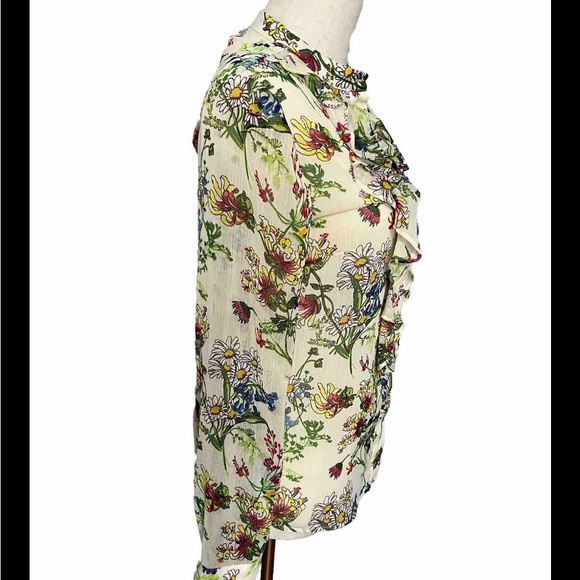 H&M Top Botanical Floral Print Chiffon Blouse Ruffle Button Down Size 6, - Picture 3 of 9